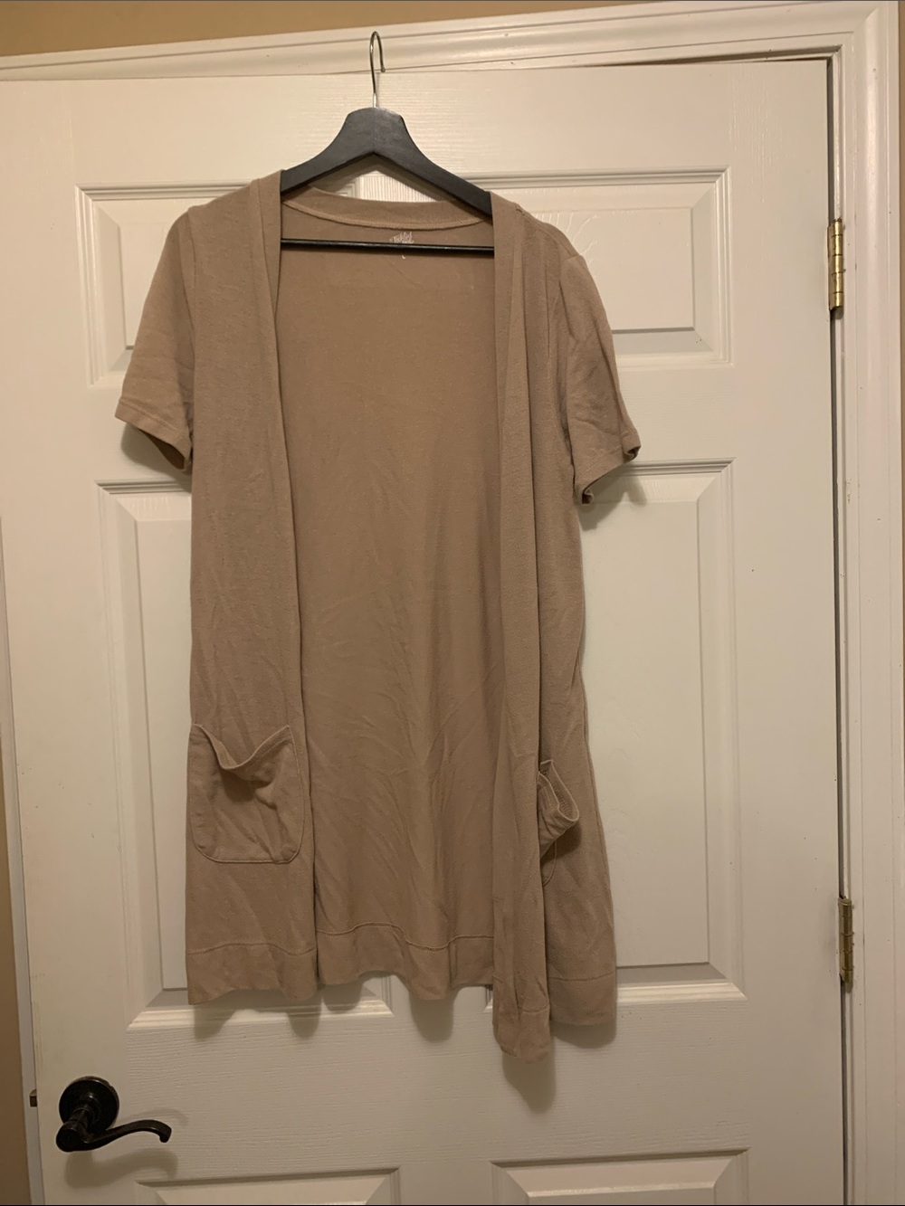 Tickled Teal Short Sleeve Open Front Duster in Light Beige